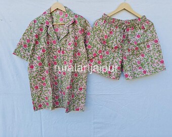 Cotton Pajama Set, Block Print Sleepwear, Women's Summer Dress