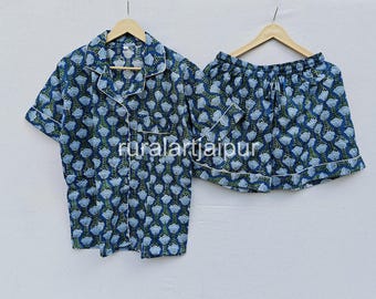 Blue Floral Print Cotton Pajama Set
