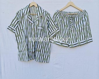 100% Cotton Block Print Pajama Set, Short Sleepwear, Bridal Nightwear