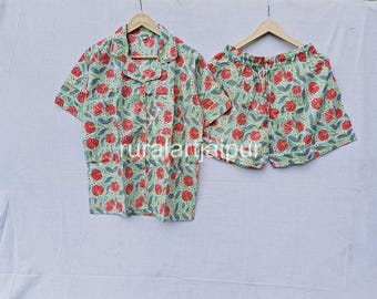 Handmade Floral Cotton Pajama Set: Women's Short Sleepwear