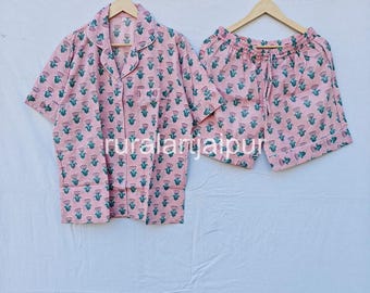 Indian Floral Cotton Pajama Set, Short Sleeve PJs