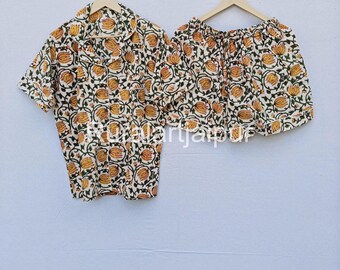 Lotus Floral Print Cotton Pajama Short Set, Bridesmaid Gift
