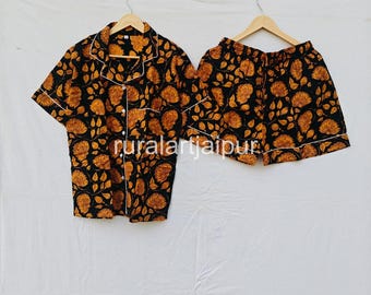 Floral Block Print Cotton Pajama Short Set