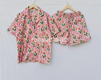 Hand Block Print Cotton Pajama Set, Floral Loungewear, Bridesmaid Nightwear