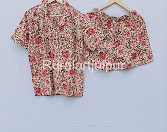 Floral Print Cotton Pajama Set: Ladies Sleep Shorts