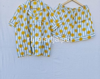 100% Cotton Hand Block Print Short Pajama Set, Sun Stripe Print PJs