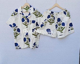 Blue Mughal Print Cotton Pajama Short Set