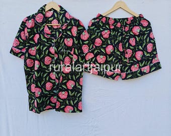 Cotton Pajama Set, Block Print Sleepwear, Women's Summer Dress