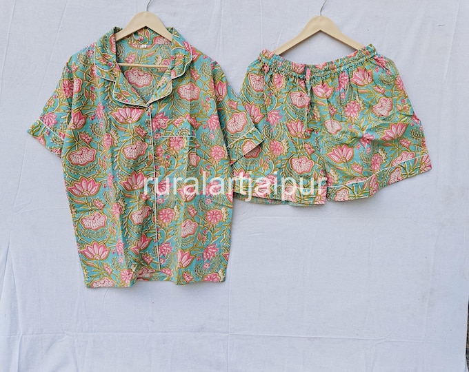 Featured listing image: Cotton Pajama Set, Block Print Sleepwear, Women's Summer Dress