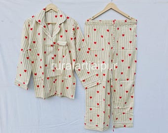 Soft Cotton Bridesmaid Pajama Set, Heart Print Bridal PJs