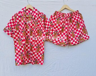 Cotton Pajama Set, Block Print Sleepwear, Women's Summer Dress