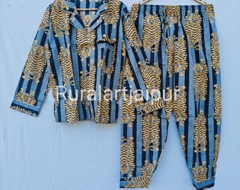 Striped Tiger Print Cotton Pajama Set, Bridesmaid PJs