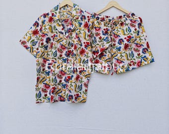 Hand Block Print Cotton Pajama Set,  Bridesmaid Sleepwear Shorts