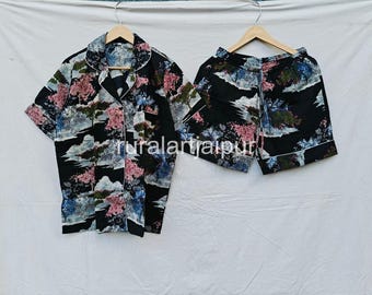 Indian Floral Cotton Pajama Set: Short Sleeve Nightwear