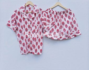 Cotton Hand Block Print Pajama Set: Women's Short Shirt PJs