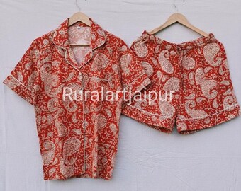 Indian Paisley Print Cotton Pajama Set, Short Sleepwear
