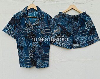 Cotton Pajama Set, Block Print Sleepwear, Women's Summer Dress