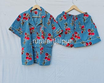 New Cherry Print Bridesmaid Short Pajamas, Maid of Honor Gift, Bridal Short Pajama Set