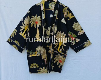 Floral Print Cotton Short Kimono Robe - Indian Artistry