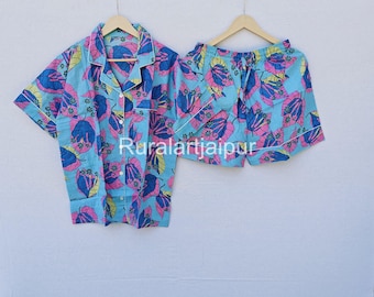 Cotton Pajama Set, Block Print Sleepwear, Women's Summer Dress