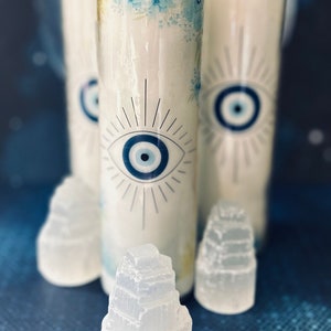 7 Day Evil Eye Protection & intention Candle with Selenite crystals| Manifestation Intention Candle