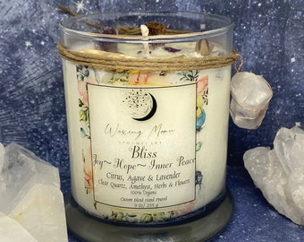 Bliss - Happiness Joy & Inner Peace Intention Manifestation crystal candle , Inner Peace candle, Healing candle, Ritual Candle