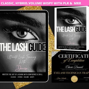 以下が含まれることがあります： タブレット、本、証明書が写った白黒画像。「THE LASH GUIDE」と「Ultimate Lash Training With Denise」の文字が表示されています。証明書はまつげ技術者のトレーニング用です。