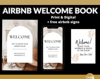 Editable Airbnb Welcome Book Canva Template: Digital Guest Guide + Sign Bundle