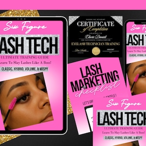 以下が含まれることがあります： 「Six Figure LASH TECH」と「Ultimate Training Guide」のテキストが入ったピンク色のデジタルタブレット、スマートフォン、証明書。画像には、ピンク色のまつげマーケティングチェックリストと、マスカラを塗っている人の写真も含まれています。