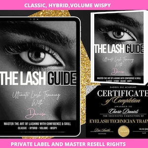 Op de afbeelding: Afbeelding met een boek en tablet met de tekst "THE LASH GUIDE" en "Ultimate Lash Training With Denise". Er wordt ook een certificaat van voltooiing getoond. De afbeelding promoot de opleiding tot wimpertechnicus.