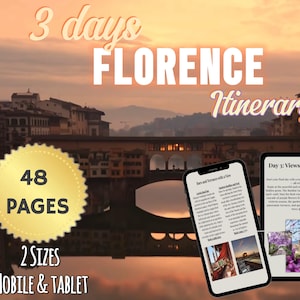 Op de afbeelding: Digitale Florence-route met de tekst "3 dagen Florence Route". De afbeelding toont een stadsgezicht met een brug en twee apparaten die routepagina's weergeven. De route is 48 pagina's en beschikbaar in mobiele en tabletformaten.