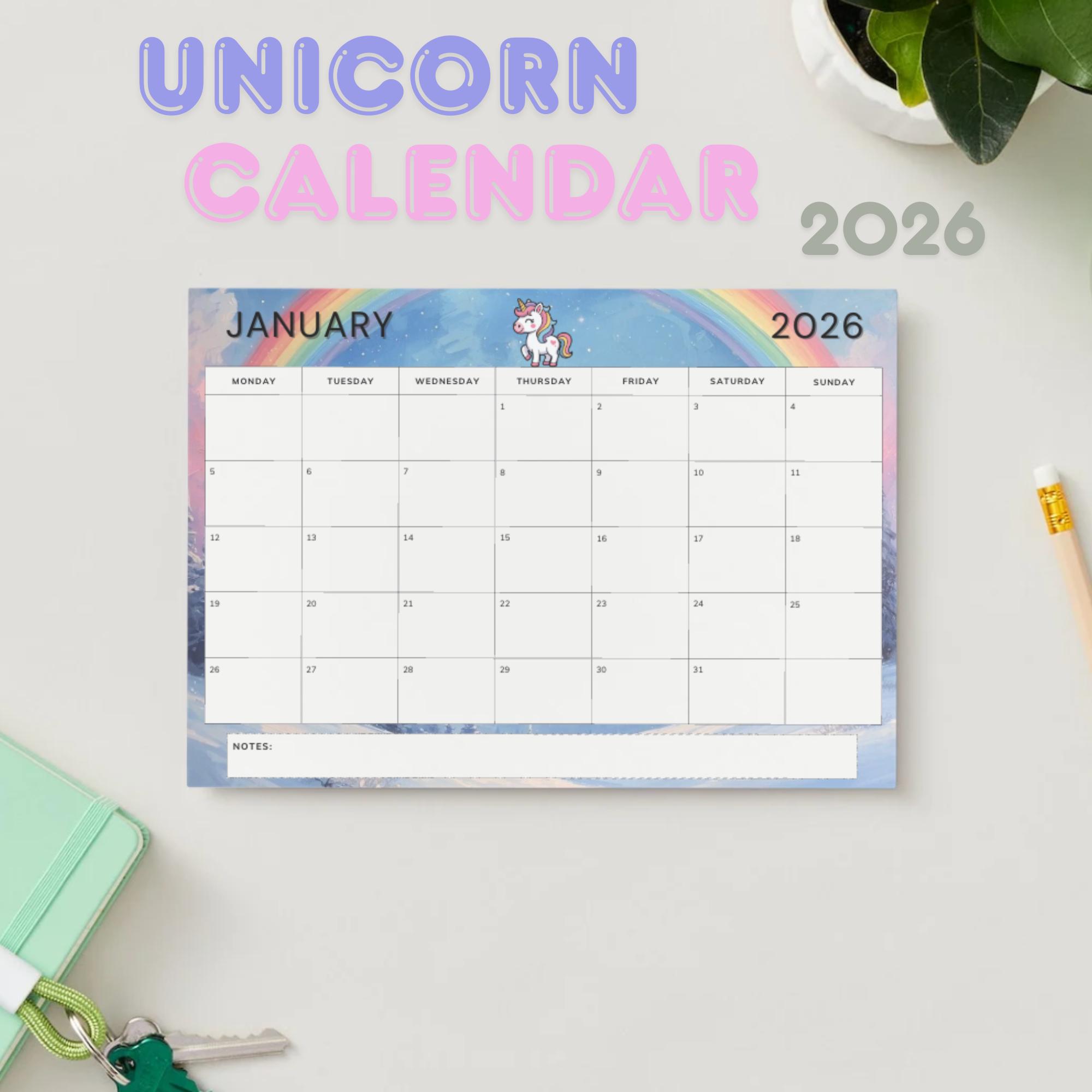 2026 Unicorn Calendar – Printable & Fillable PDF – Fantasy Planner for ...