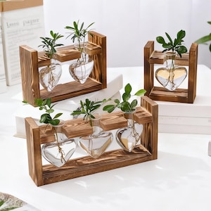 May include: Wooden plant holders with heart-shaped glass vases. Each holder has a dark brown finish and holds two vases. Green plants are placed inside the vases, adding a touch of nature to the decor.