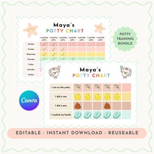 Printable Potty Training Chart for Kids, 2 Designs Bundle, Toilet Training Reward Chart, Instant Download, Editable in Canva