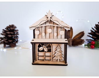 3D Mini Christmas Village House with lights SVG File for laser cutting