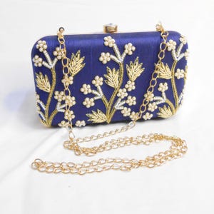 Handcrafted Blue Embroidered Clutch | Gold Floral Beaded Evening Bag | Indian Handmade Purse with Chain | Bridal / Party / Ethnic Accessory