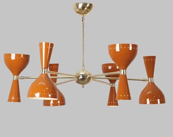 Mid Century Modern Orange Chandelier Brass Sputnik Ceiling Light, Retro Multi Arm Lighting Fixture, Statement Dining Room Light