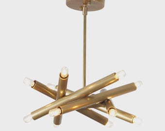 Brass Sputnik Chandelier – Modern Tube Light, Raw Brass Finish