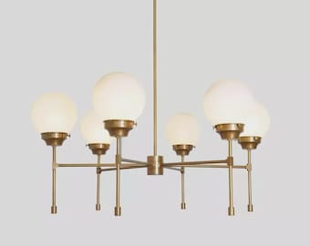 Moderne Messing Kugel Kronleuchter, Mid Century Multi Arm Deckenleuchte, Glaskugel Pendelbeleuchtung für Esszimmer
