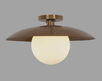 Modern Brass Flush Mount Ceiling Light with Glass Globe, Mid Century Dome Lamp, Minimalist Contemporary Lighting Fixture for Dining Room
