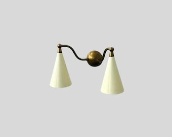 Mid Century Modern Double Wall Sconce, Brass and Black Wall Lamp with Dual Cone Shades, Vintage Style Lighting Fixture for Bedroom Décor
