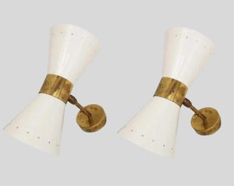 Mid Century Modern Double Wall Sconce Set of 2, Brass and White Cone Lamps, Vintage Style Dual Light Wall Fixtures