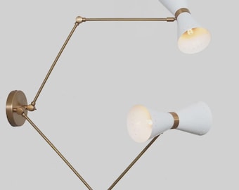 Modern Double Wall Sconce, Adjustable Brass Swing Arm Lamp with White Shades, Mid Century Designer Wall Light Fixture for Dining Room