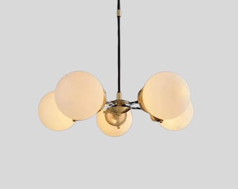 Mid Century Modern 5 Globe Chandelier, Brass Pendant Light, Multi Arm Glass Globe Light Fixture, Modern Dining Room Lighting