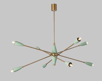 Mid Century Modern Sputnik Chandelier, Mint Green Brass Multi Arm Pendant Lighting 8 Arm Starburst Ceiling Fixture, Dining Room Light