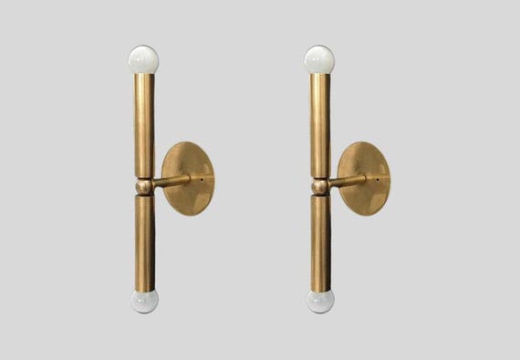 Modern Brass Double Wall Sconce, Linear Tube Light Fixture, Mid Century Gold Wall Lighting for Bathroom Bedroom