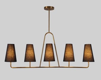Modern Brass Linear Chandelier | Black Fabric Shades Dining Room Raw Brass Finish Bedroom Light