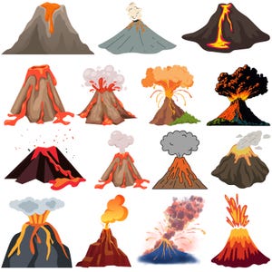 Può includere: Una collezione di vulcani dei cartoni animati in varie fasi di eruzione. Le illustrazioni presentano montagne marroni, grigie e blu con flussi di lava e pennacchi di fumo rossi, arancioni e gialli. Alcuni vulcani eruttano con grandi esplosioni.