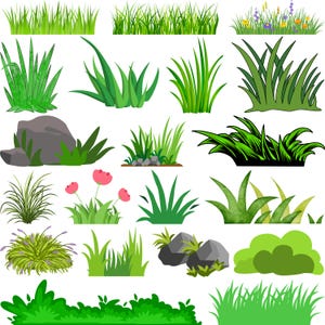 Puede incluir: Una colección de ilustraciones de hierba verde y plantas. La imagen presenta diferentes estilos de hierba, algunos con flores y rocas, perfectos para proyectos de arte o diseño digital. Las ilustraciones son de estilo caricatura.