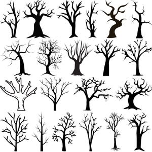 Könnte beinhalten: Eine Sammlung schwarzer Silhouetten-Baumdesigns mit verschiedenen Formen und Größen. Die Bäume haben kahle Äste, geeignet für Halloween- oder herbstliche Projekte. Das Bild ist eine Vektorgrafik.